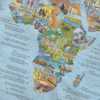 Close-up of the Bucketlist Map roll down canvas highlighting icons on natural wonders