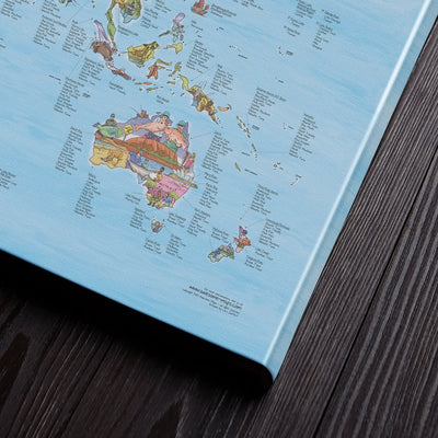 Bottom right corner of the Fishing Map canvas of the world lying flat on a table