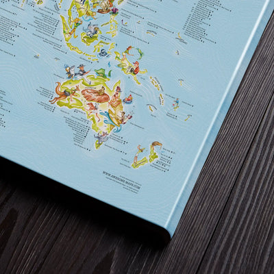 Bottom right corner of the Golf Map canvas of the world lying flat on a table