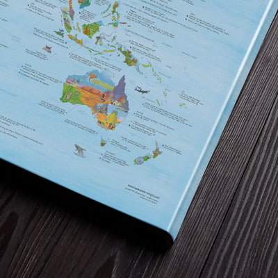 Bottom right corner of the Bucketlist Map canvas of the world lying flat on a table