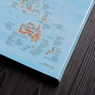 Bottom right corner of the Climbing Map canvas of the world lying flat on a table