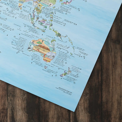 Bottom right corner of the Kitesurf Map poster of the world lying flat on a table