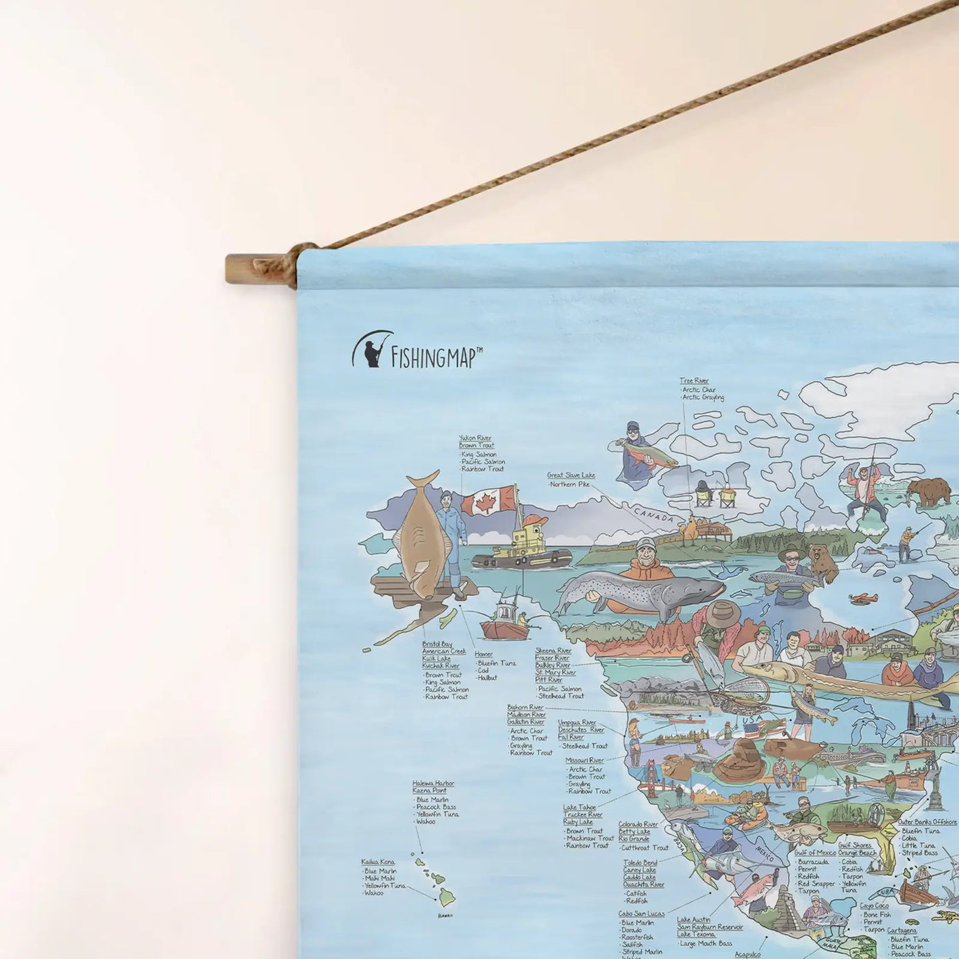 Top left corner of the Fishing Map roll down canvas of the world hanging on a wall