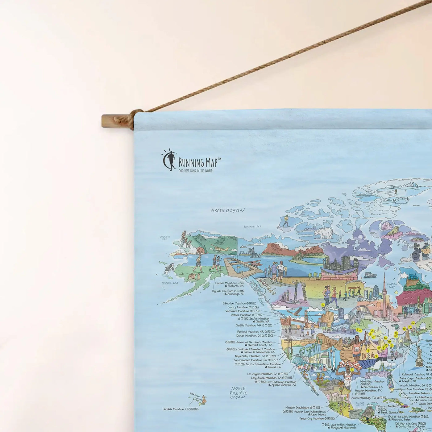 Top left corner of the Golf Map roll down canvas of the world hanging on a wall