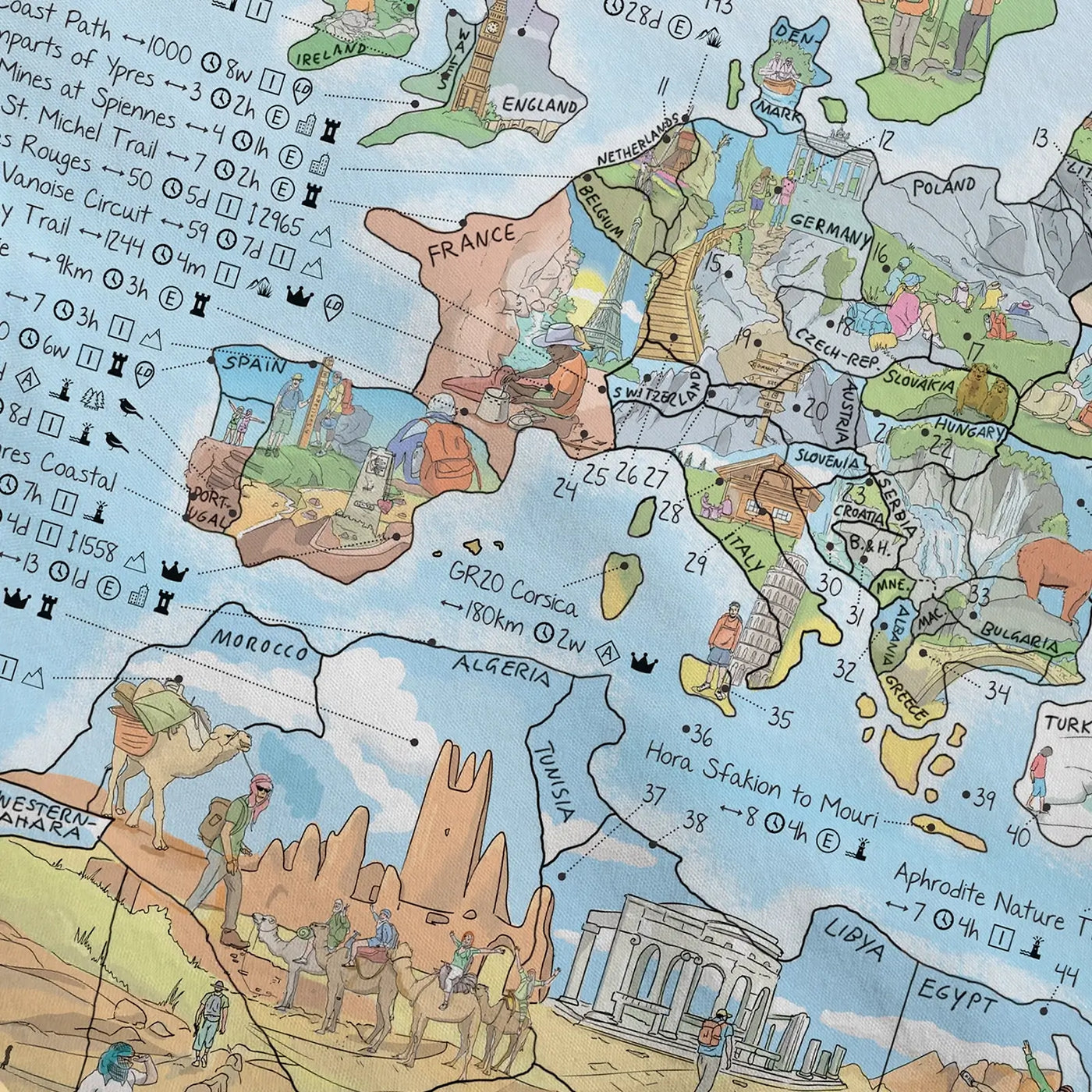 Close-up of the Hiking Map roll down canvas highlighting icons on landscape and trail length