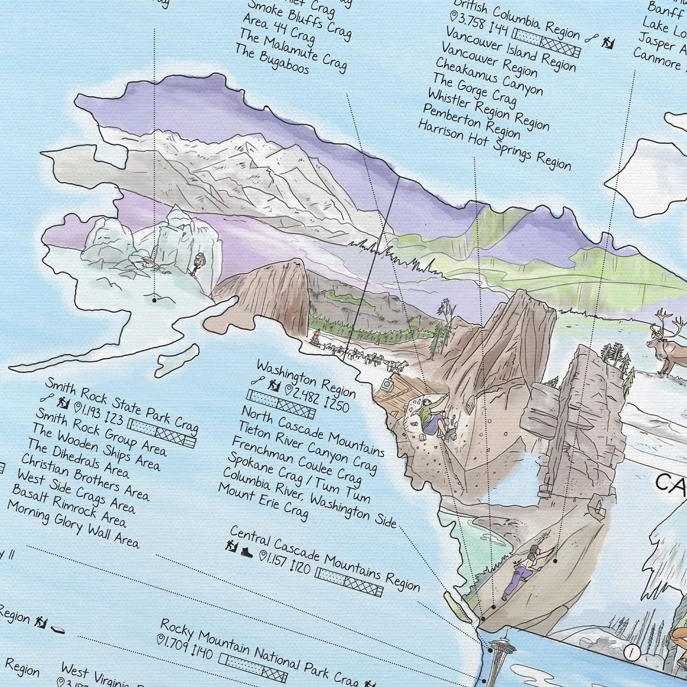 Close-up of the Climbing Map canvas highlighting icons on type of climb and heights