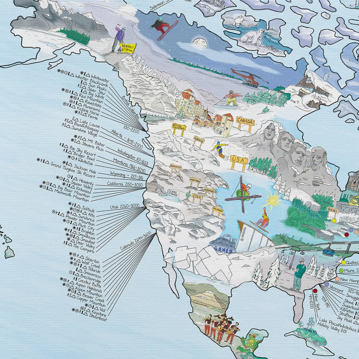 Close-up of the Snowtrip Map canvas highlighting icons on altitude and crowd levels