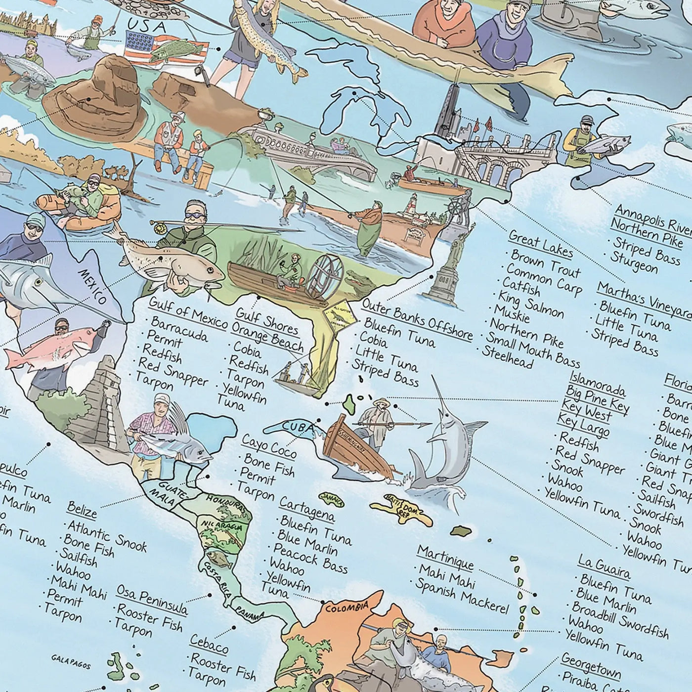 Close-up of the Fishing Map poster highlighting icons on fish species and locations