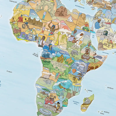 Close-up of the Little Explorers Map poster highlighting icons on traditional dress and food from around the world