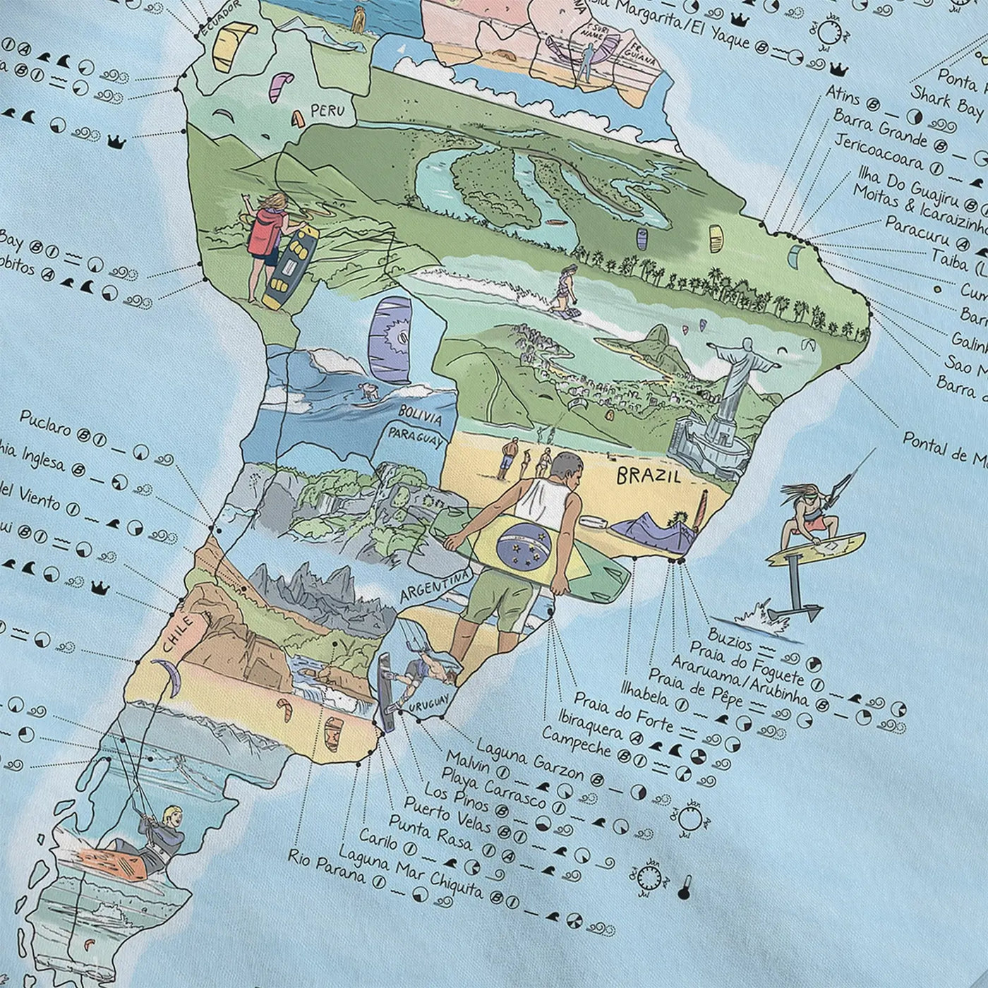 Close-up of the Kitesurf Map roll down canvas highlighting icons on wind quality and best seasons