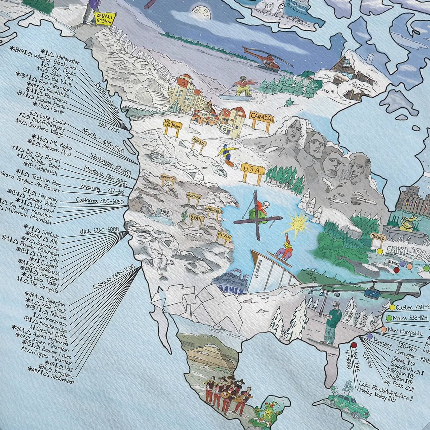 Close-up of the Snowtrip Map roll down canvas highlighting icons on altitude and crowd levels