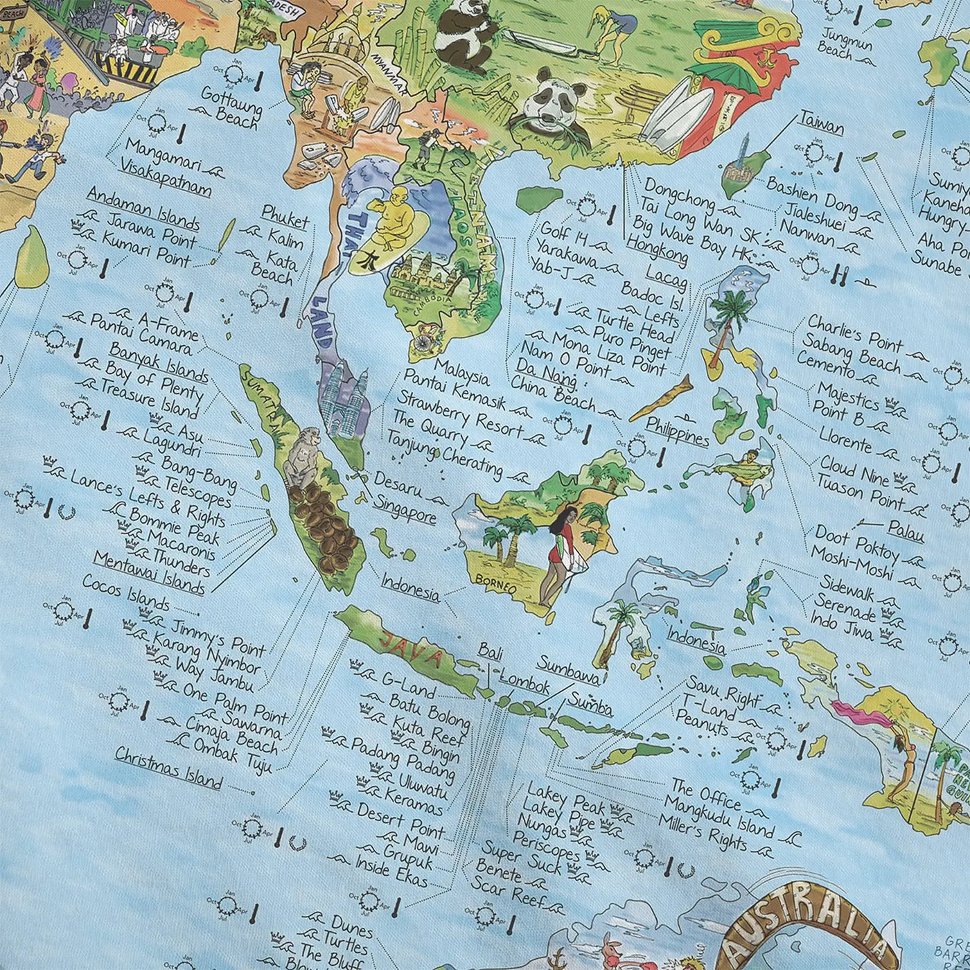 Close-up of the Surftrip Map roll down canvas highlighting icons on wave quality and best seasons