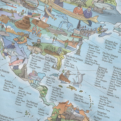 Close-up of the Fishing Map roll down canvas highlighting icons on fish species and fishing conditions