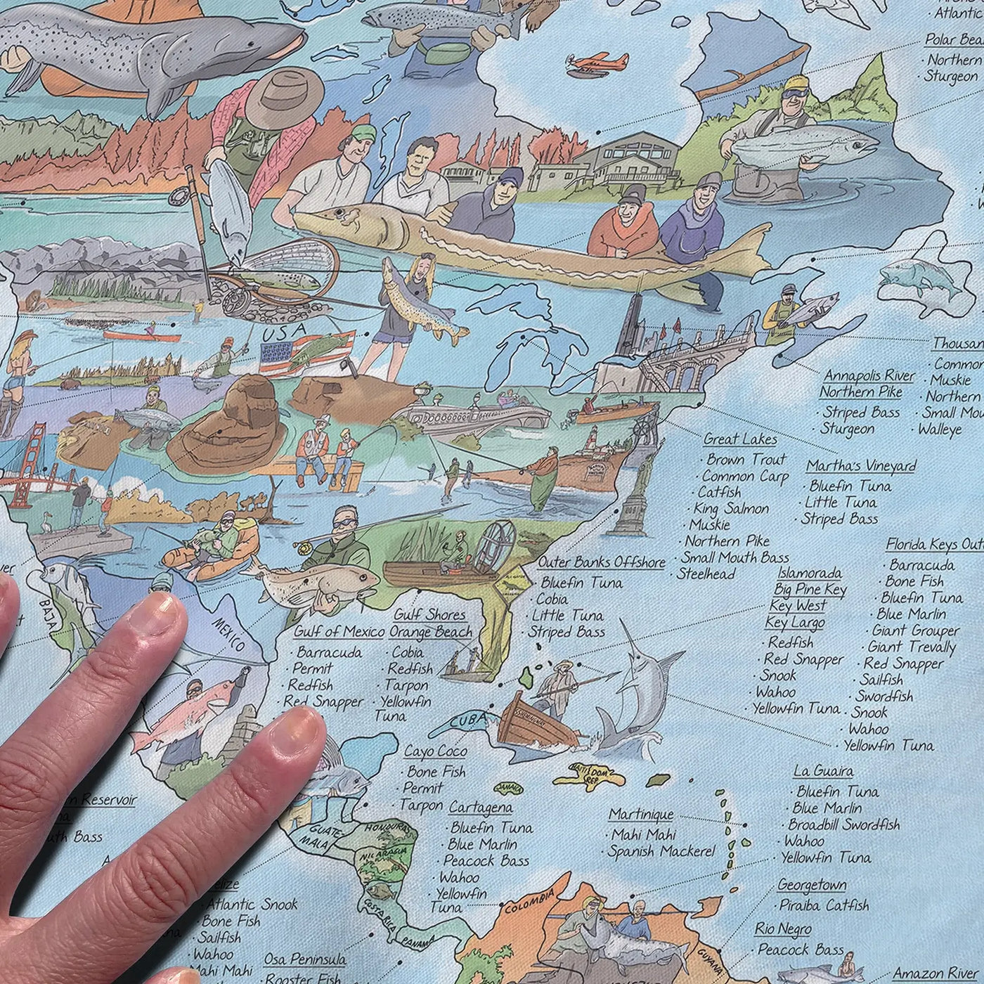 Close-up of the Fishing Map towel highlighting icons on fish species and locations