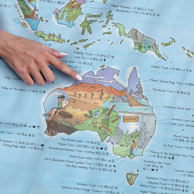 Close-up of the Hiking Map towel highlighting icons on landscape and trail length