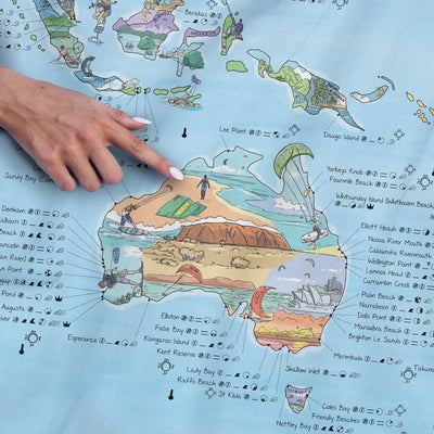 Close-up of the Kitesurf Map towel highlighting icons on wind quality and best seasons