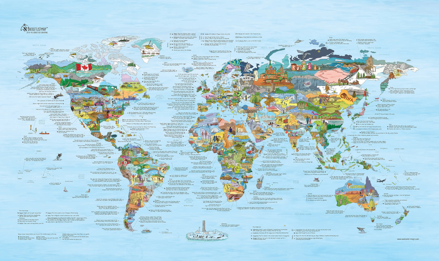 Full view of the Bucketlist Map canvas showing world travel ideas