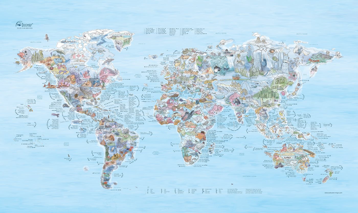 Full view of the Dive Map roll down canvas showing detailed dive spots worldwide