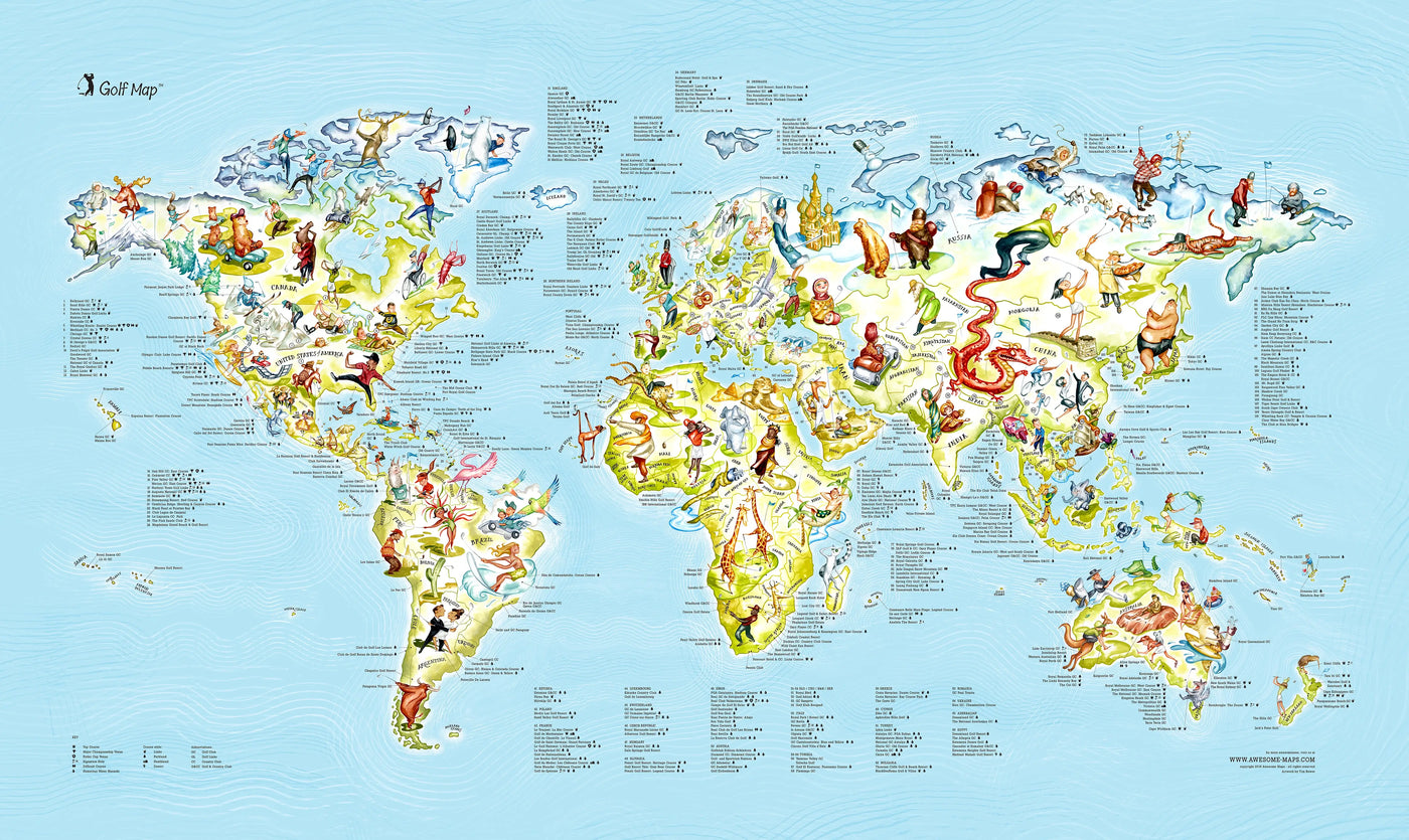 Full view of the Golf Map poster showing detailed golf courses worldwide