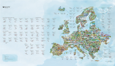 Full view of the Road Trip Map canvas showing Europe's most amazing roads