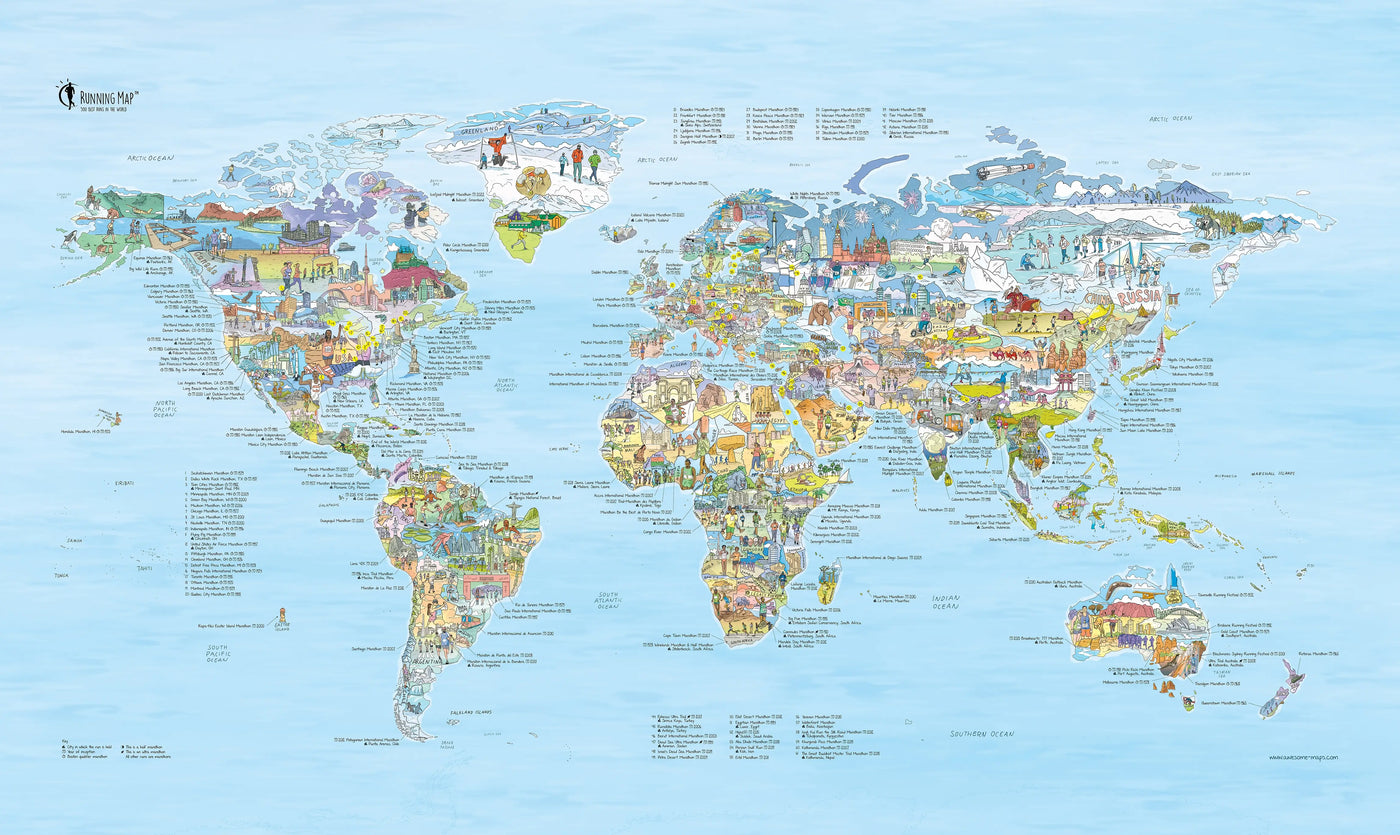 Full view of the Running Map canvas showing worldwide marathon locations