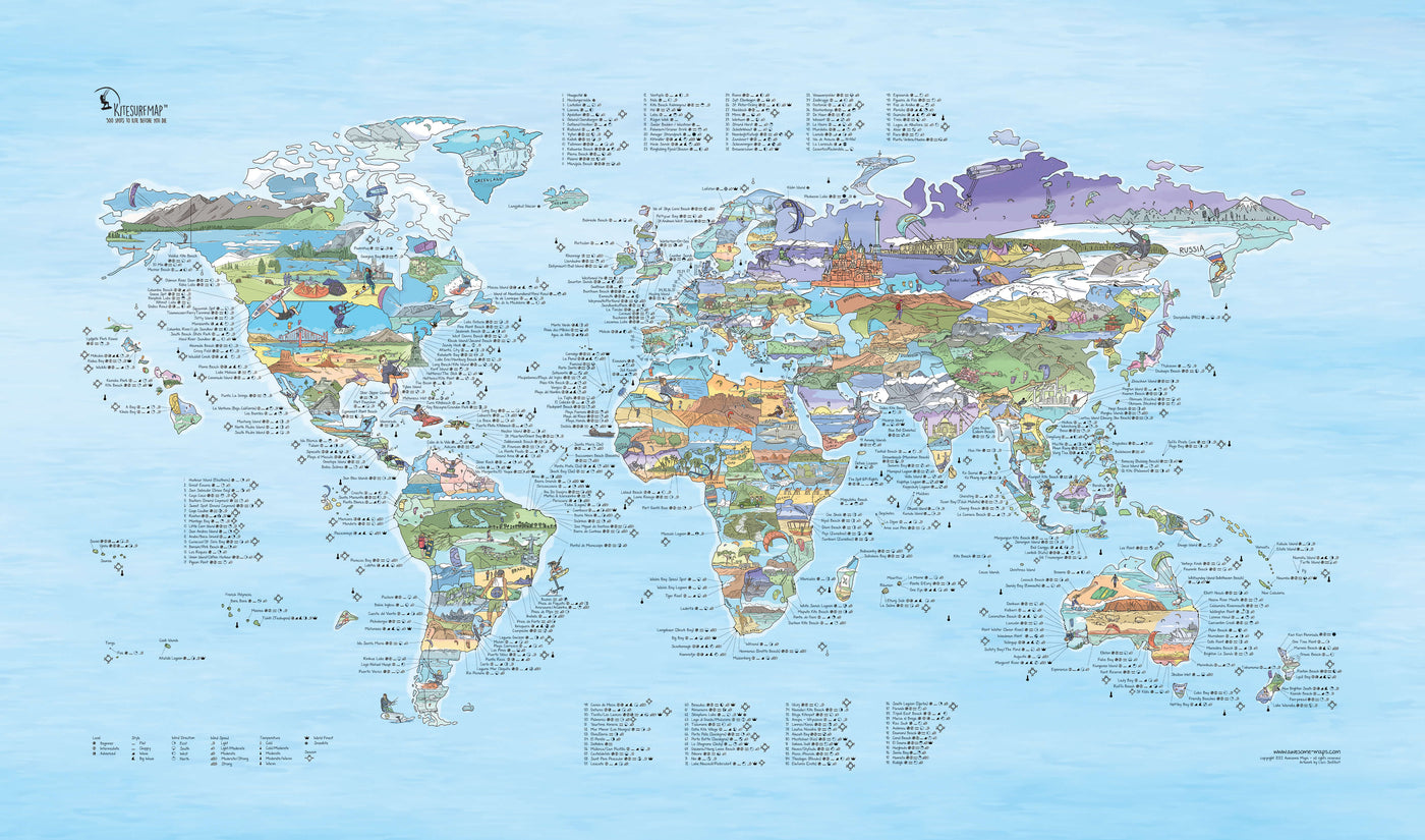  Full view of the Kitesurf Map canvas showing detailed kitesurf spots worldwide